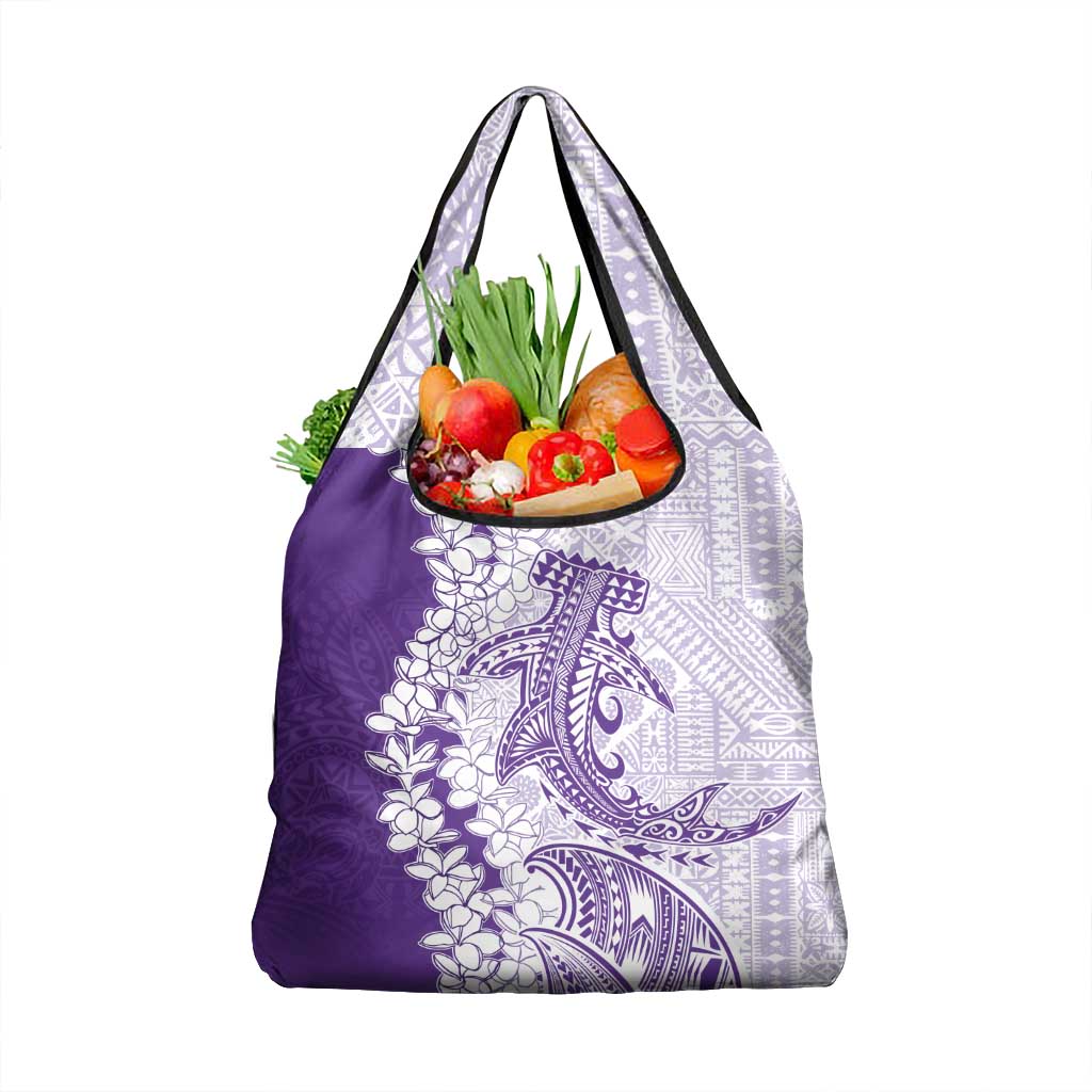 Polynesian Purple Plumeria Lei Grocery Bag with Hammerhead Shark