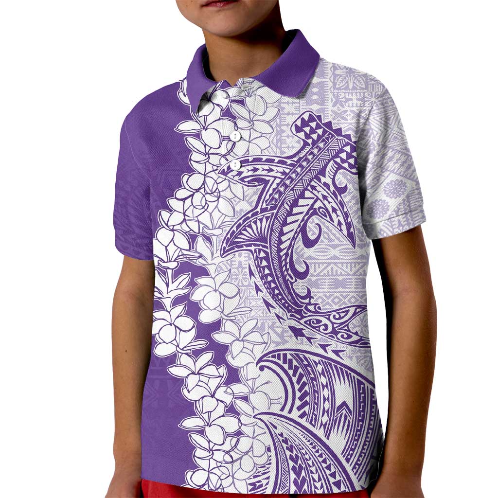 Polynesian Purple Plumeria Lei Kid Polo Shirt with Hammerhead Shark