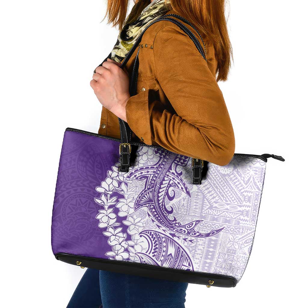 Polynesian Purple Plumeria Lei Leather Tote Bag with Hammerhead Shark