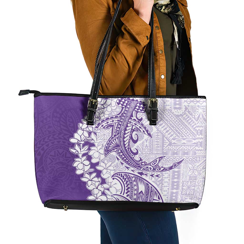 Polynesian Purple Plumeria Lei Leather Tote Bag with Hammerhead Shark LT7 - Polynesian Pride