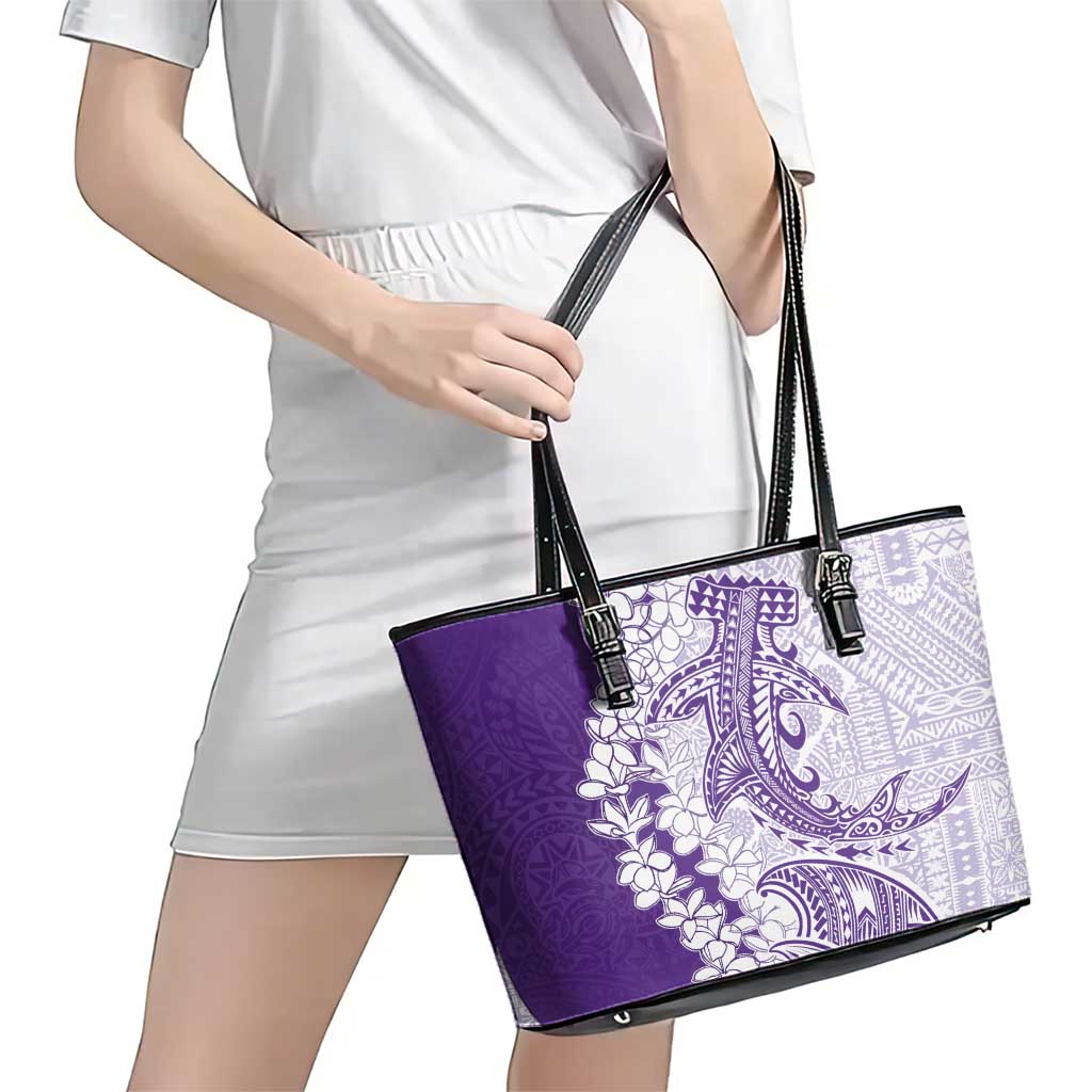 Polynesian Purple Plumeria Lei Leather Tote Bag with Hammerhead Shark LT7 - Polynesian Pride