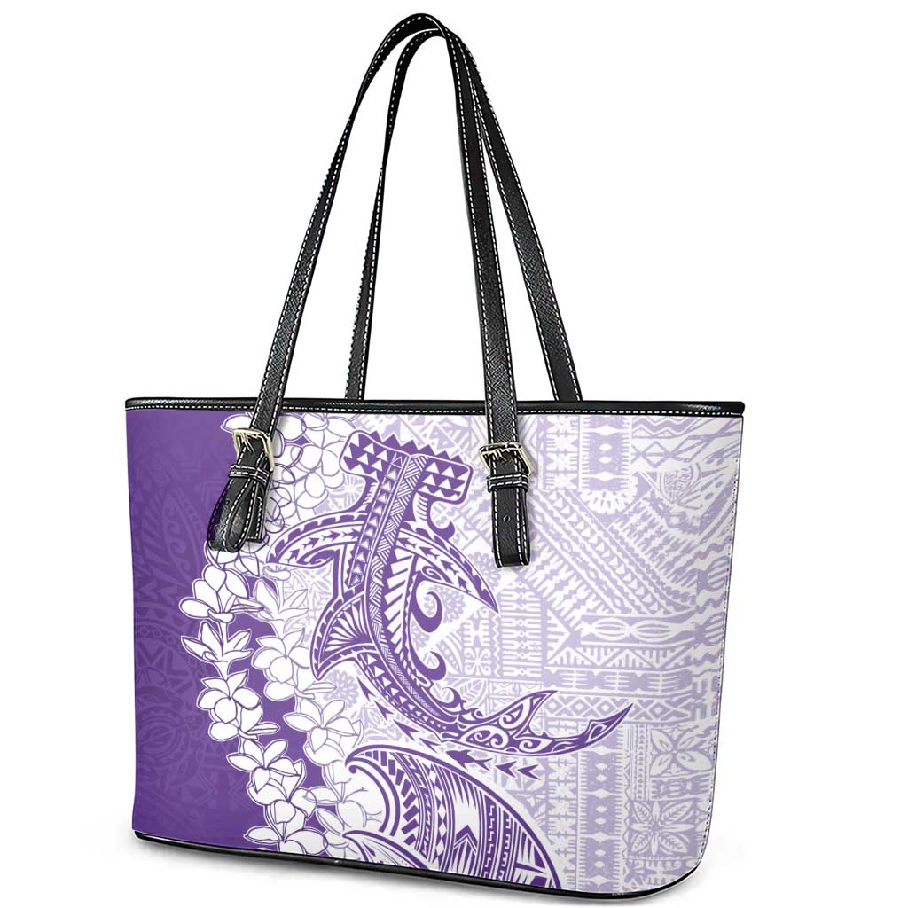 Polynesian Purple Plumeria Lei Leather Tote Bag with Hammerhead Shark LT7 - Polynesian Pride