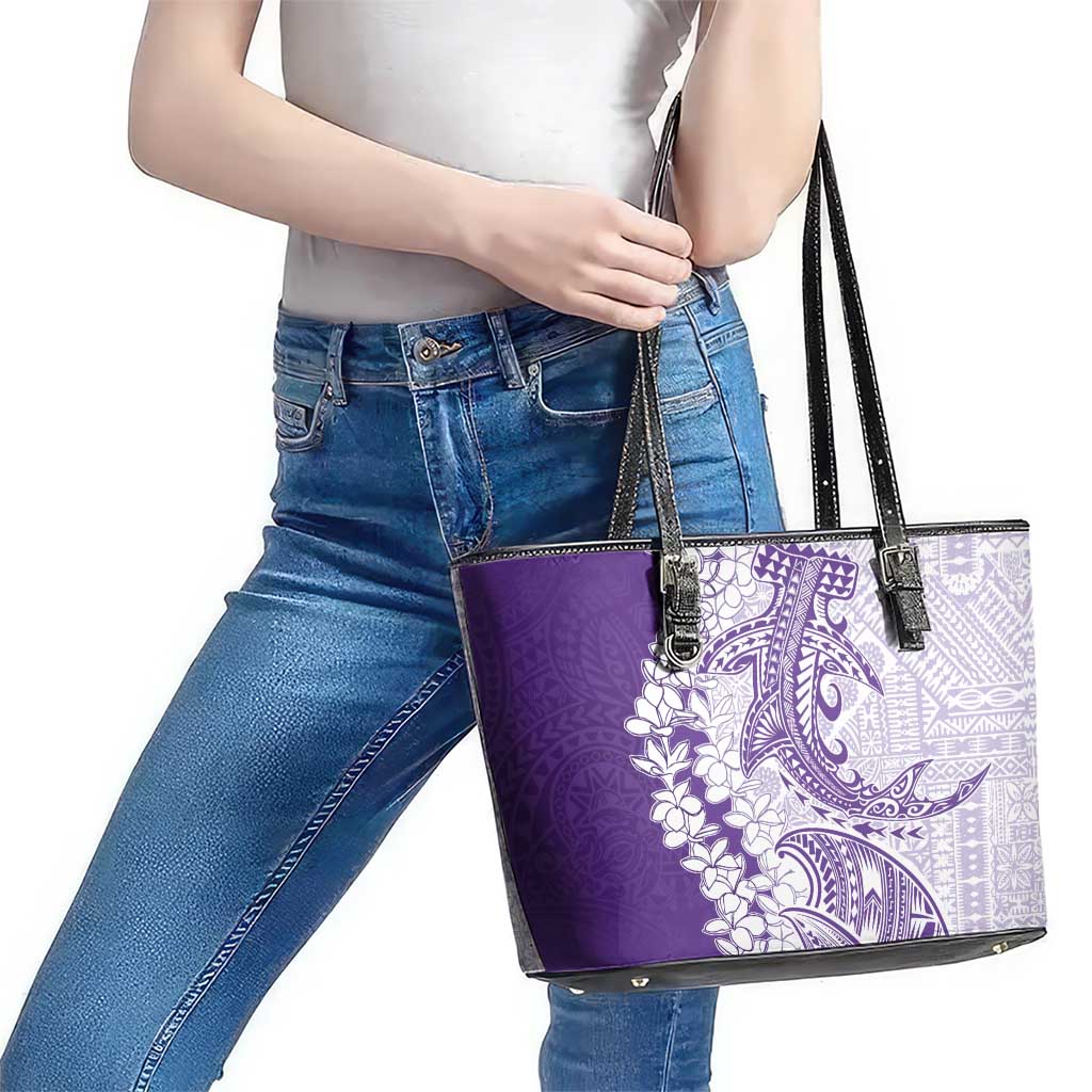 Polynesian Purple Plumeria Lei Leather Tote Bag with Hammerhead Shark LT7 - Polynesian Pride