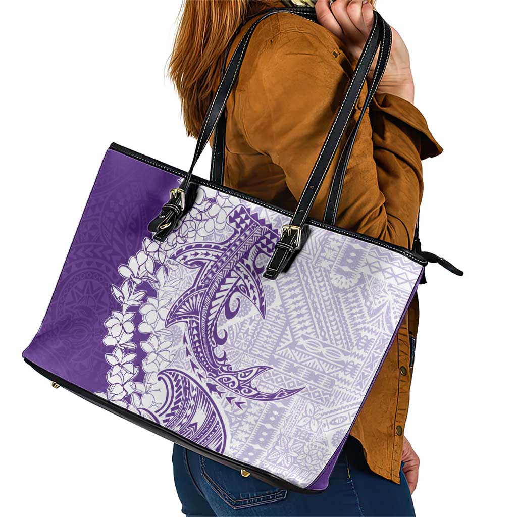 Polynesian Purple Plumeria Lei Leather Tote Bag with Hammerhead Shark LT7 - Polynesian Pride