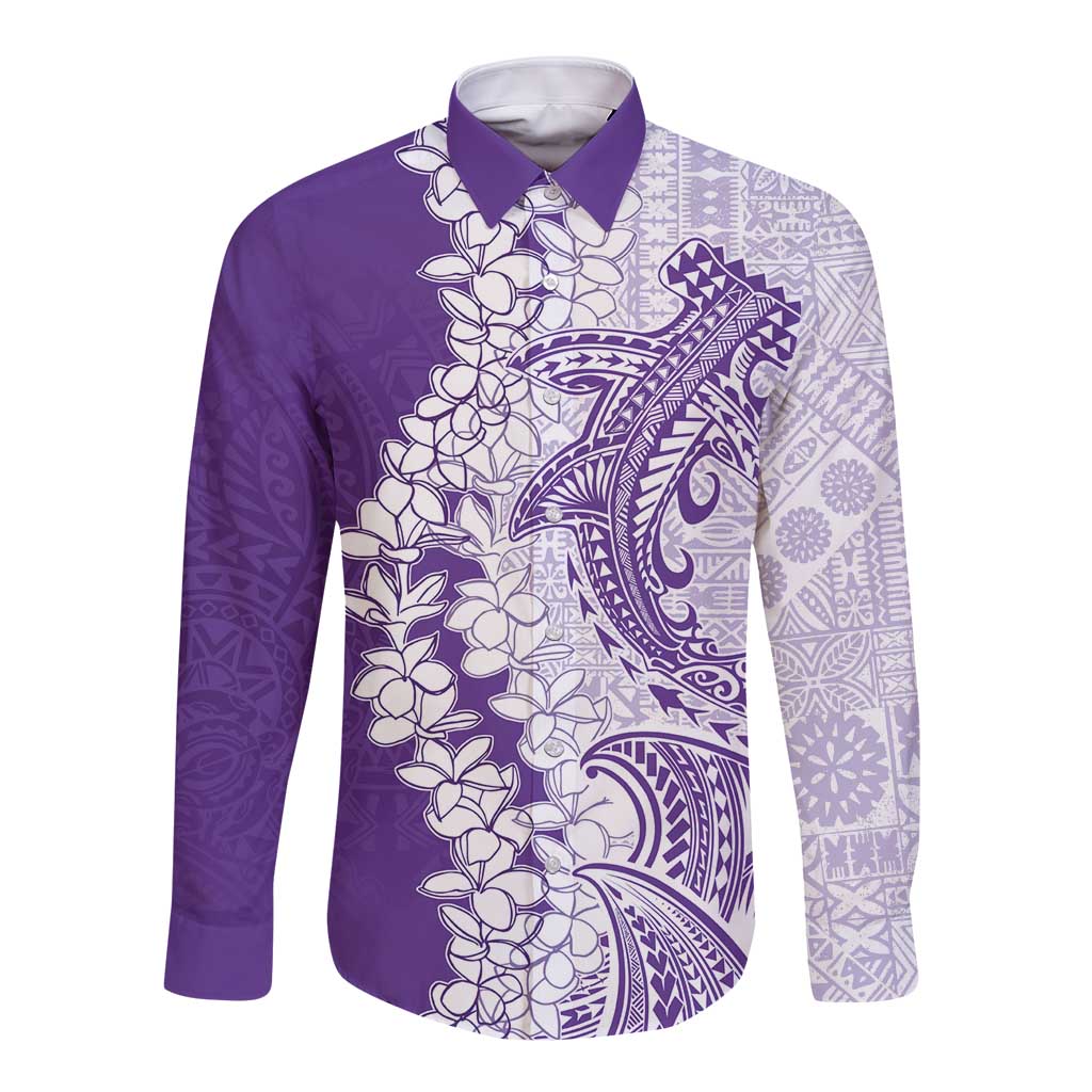 Polynesian Purple Plumeria Lei Long Sleeve Button Shirt with Hammerhead Shark