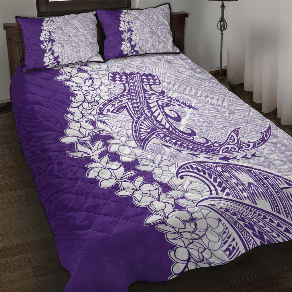 Polynesian Purple Plumeria Lei Quilt Bed Set with Hammerhead Shark