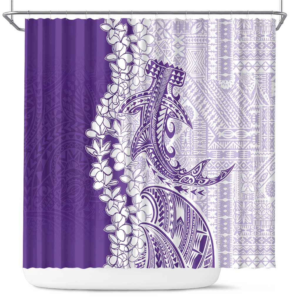 Polynesian Purple Plumeria Lei Shower Curtain with Hammerhead Shark