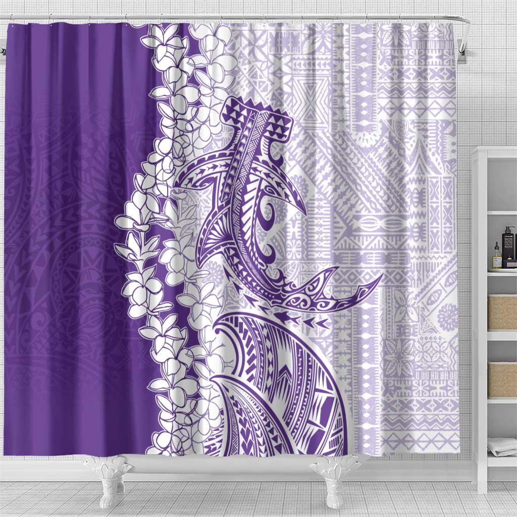 Polynesian Purple Plumeria Lei Shower Curtain with Hammerhead Shark