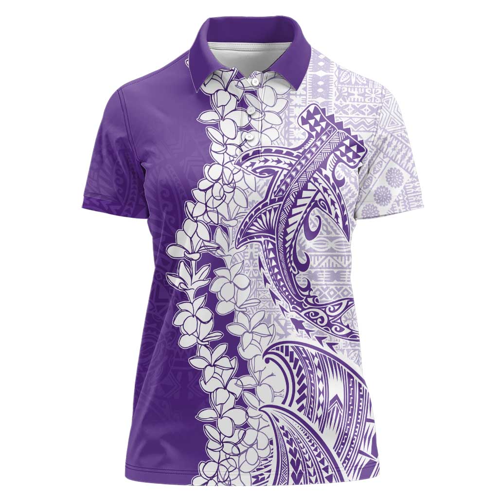 Polynesian Purple Plumeria Lei Women Polo Shirt with Hammerhead Shark