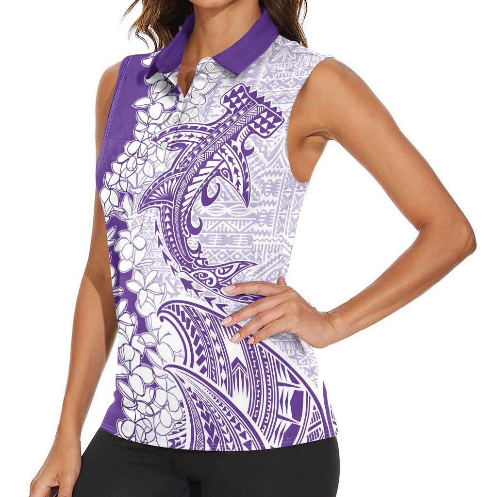 Polynesian Purple Plumeria Lei Women Sleeveless Polo Shirt with Hammerhead Shark LT7 - Polynesian Pride