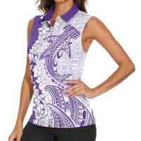 Polynesian Purple Plumeria Lei Women Sleeveless Polo Shirt with Hammerhead Shark LT7 - Polynesian Pride