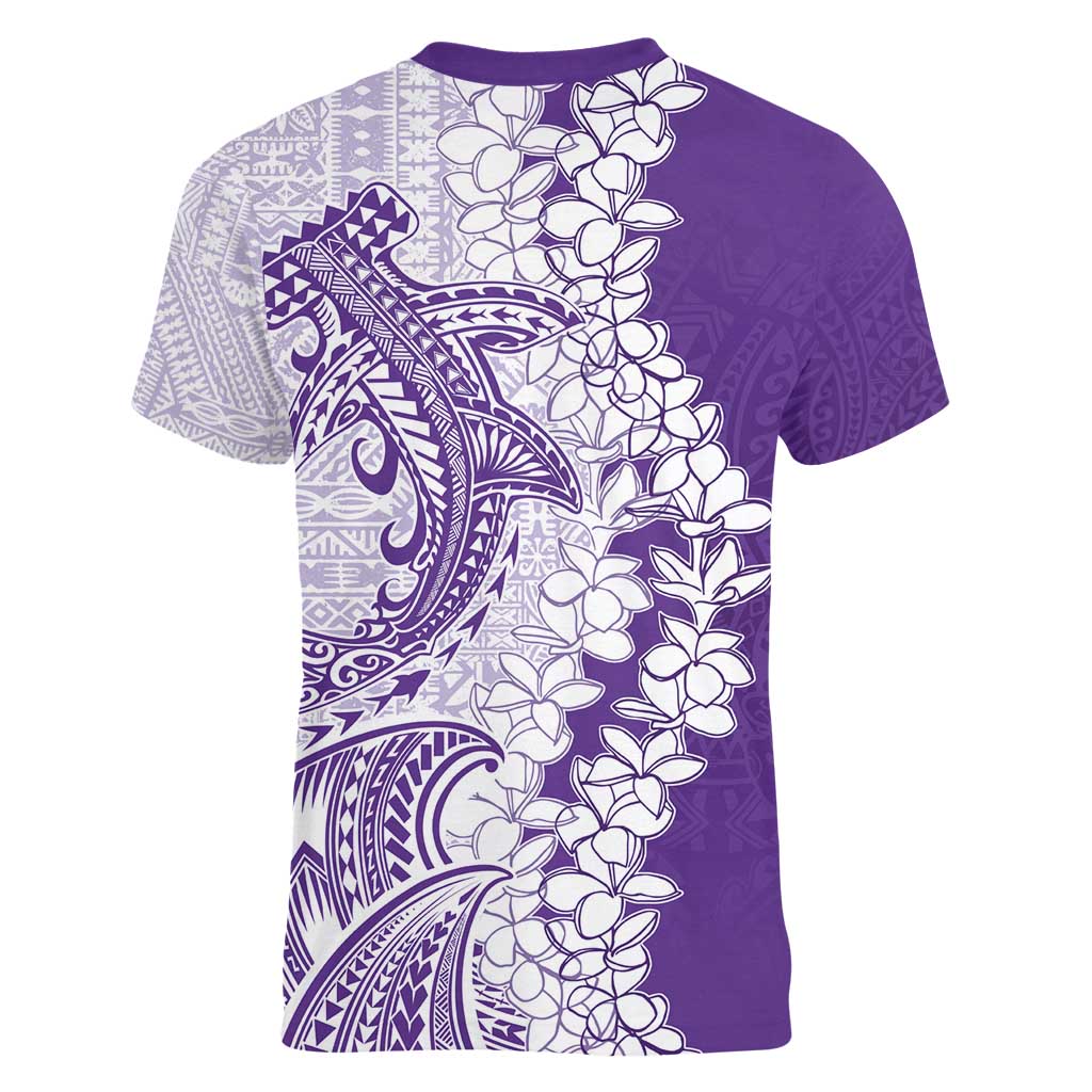 Polynesian Purple Plumeria Lei Women V-Neck T-Shirt with Hammerhead Shark LT7 - Polynesian Pride