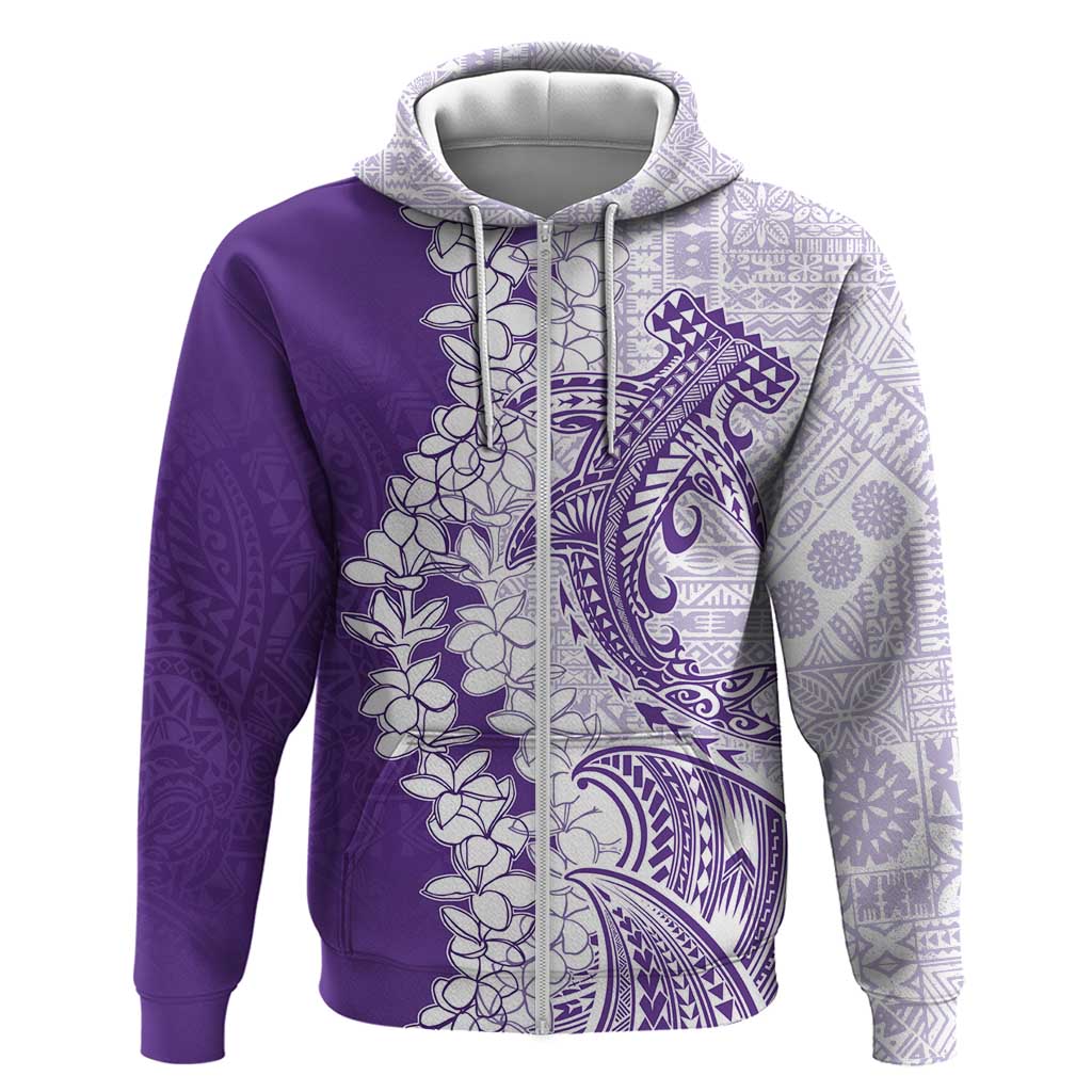 Polynesian Purple Plumeria Lei Zip Hoodie with Hammerhead Shark