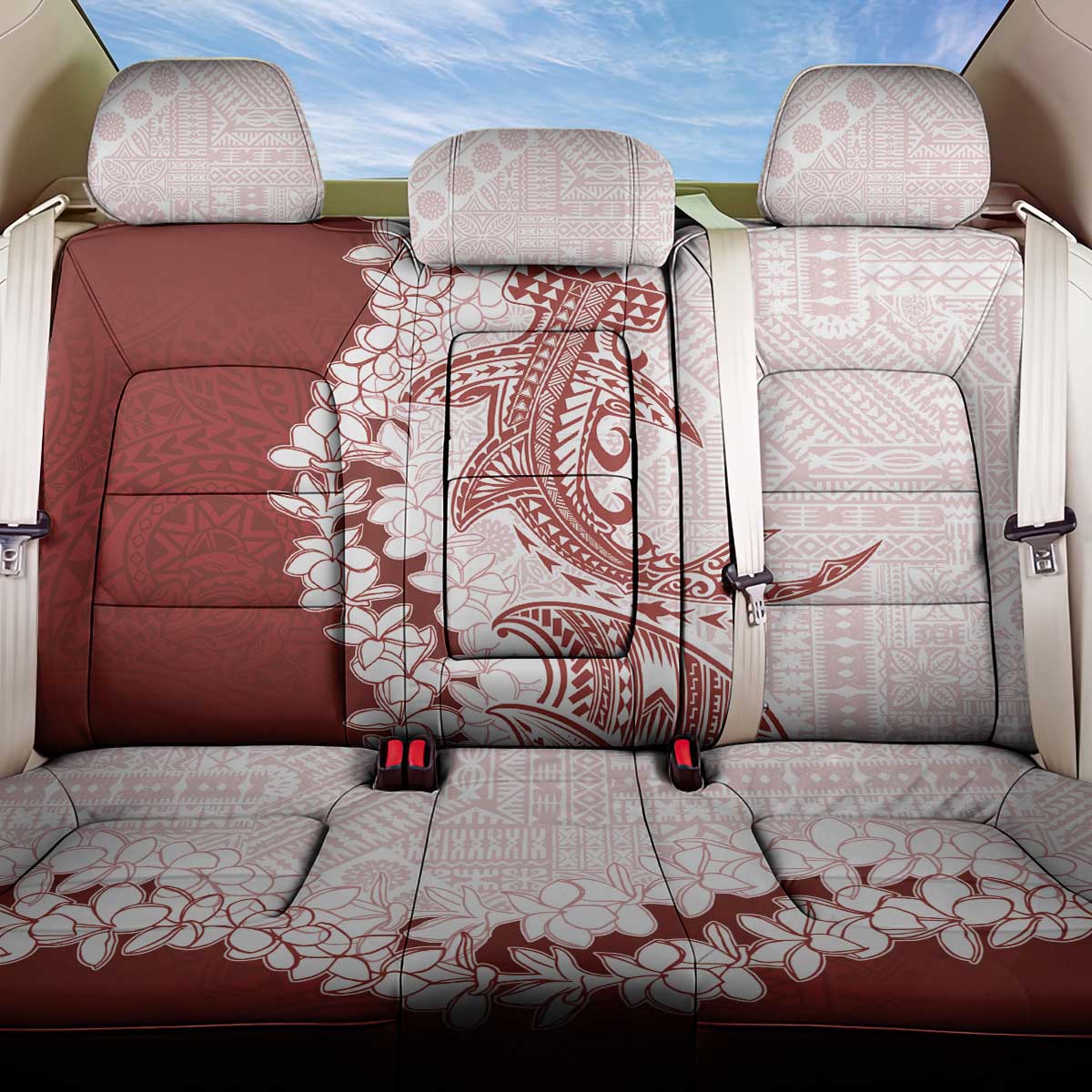 Polynesian Crimson Plumeria Lei Back Car Seat Cover with Hammerhead Shark