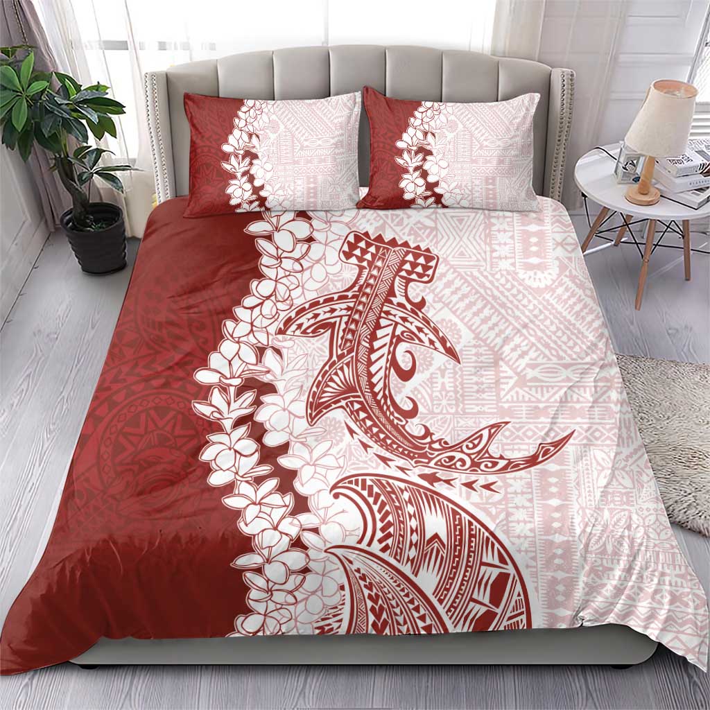 Polynesian Crimson Plumeria Lei Bedding Set with Hammerhead Shark