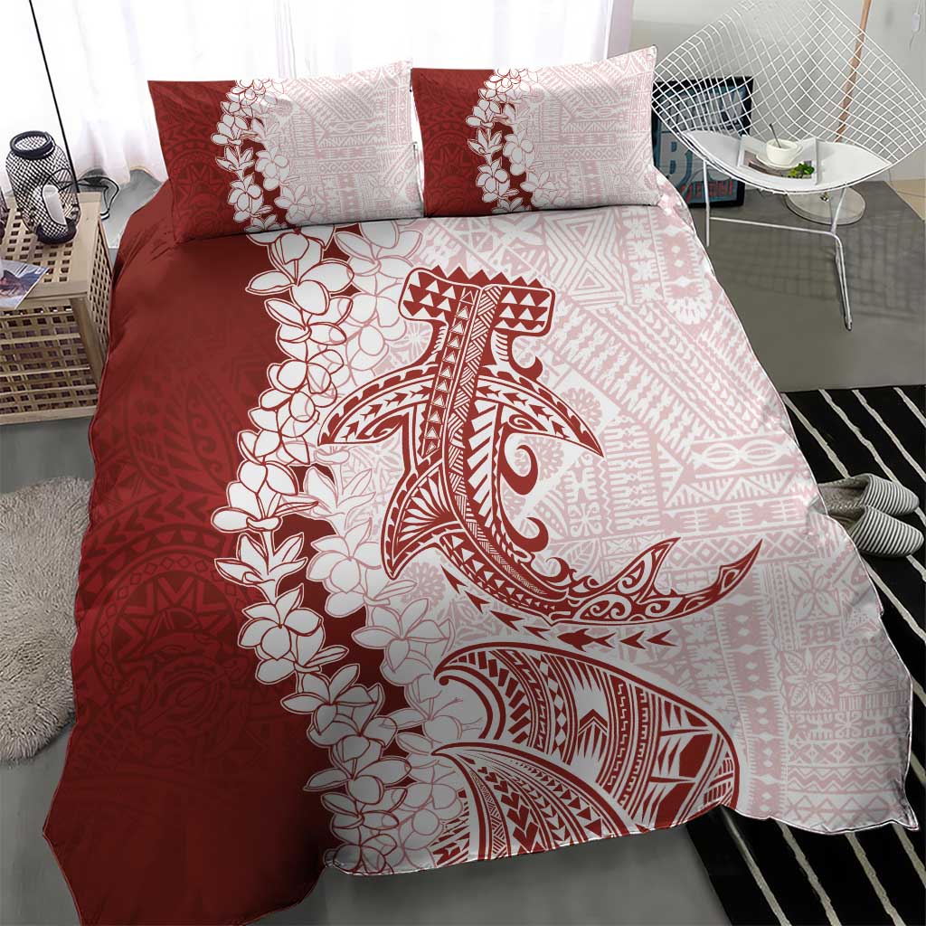 Polynesian Crimson Plumeria Lei Bedding Set with Hammerhead Shark