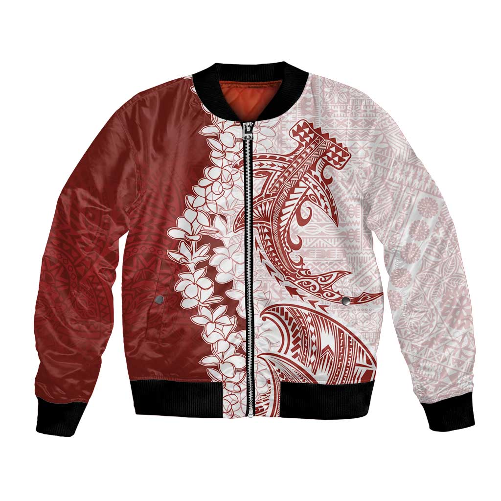 Polynesian Crimson Plumeria Lei Bomber Jacket with Hammerhead Shark