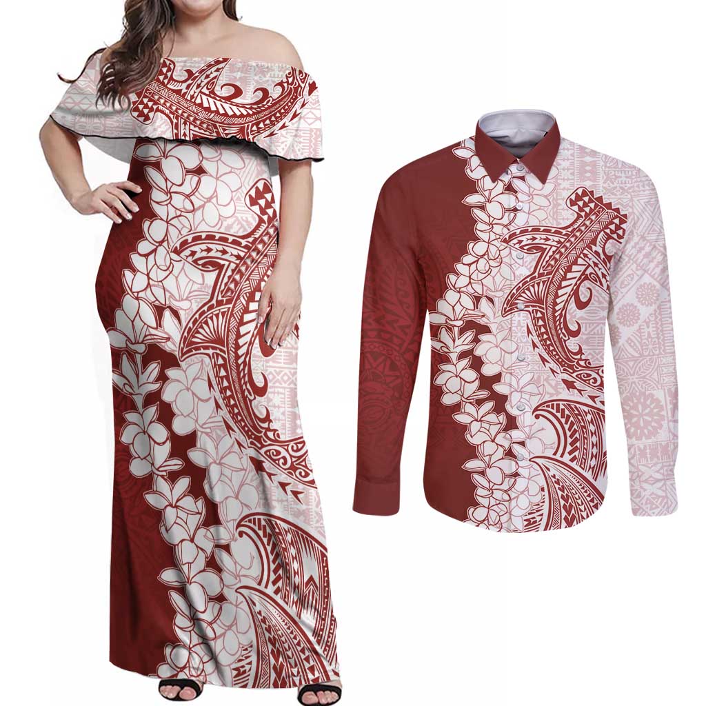Polynesian Crimson Plumeria Lei Couples Matching Off Shoulder Maxi Dress and Long Sleeve Button Shirt with Hammerhead Shark LT7 Red - Polynesian Pride