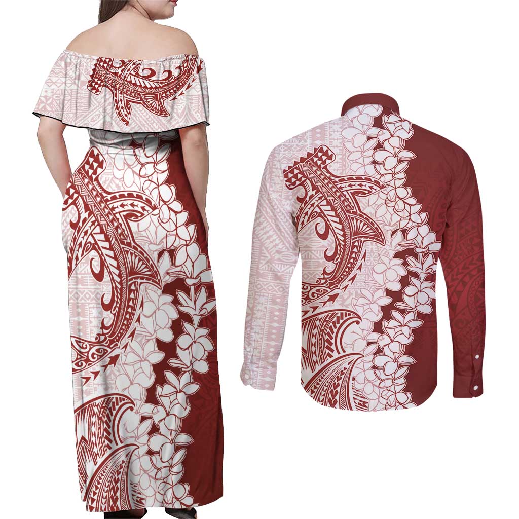 Polynesian Crimson Plumeria Lei Couples Matching Off Shoulder Maxi Dress and Long Sleeve Button Shirt with Hammerhead Shark LT7 - Polynesian Pride