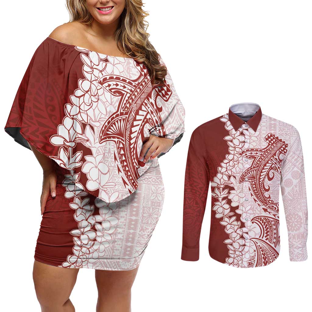 Polynesian Crimson Plumeria Lei Couples Matching Off Shoulder Short Dress and Long Sleeve Button Shirt with Hammerhead Shark LT7 Red - Polynesian Pride