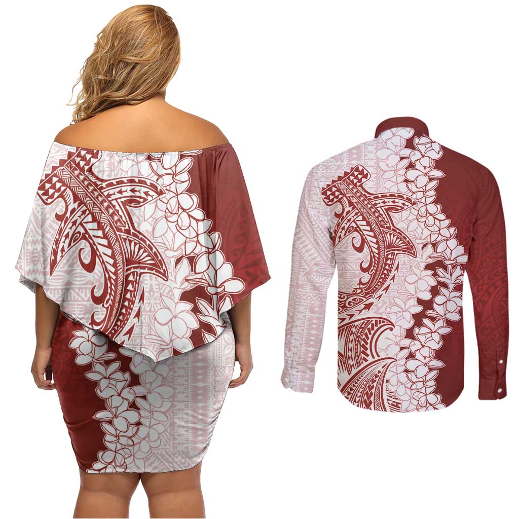 Polynesian Crimson Plumeria Lei Couples Matching Off Shoulder Short Dress and Long Sleeve Button Shirt with Hammerhead Shark LT7 - Polynesian Pride