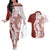 Polynesian Crimson Plumeria Lei Couples Matching Off The Shoulder Long Sleeve Dress and Hawaiian Shirt with Hammerhead Shark