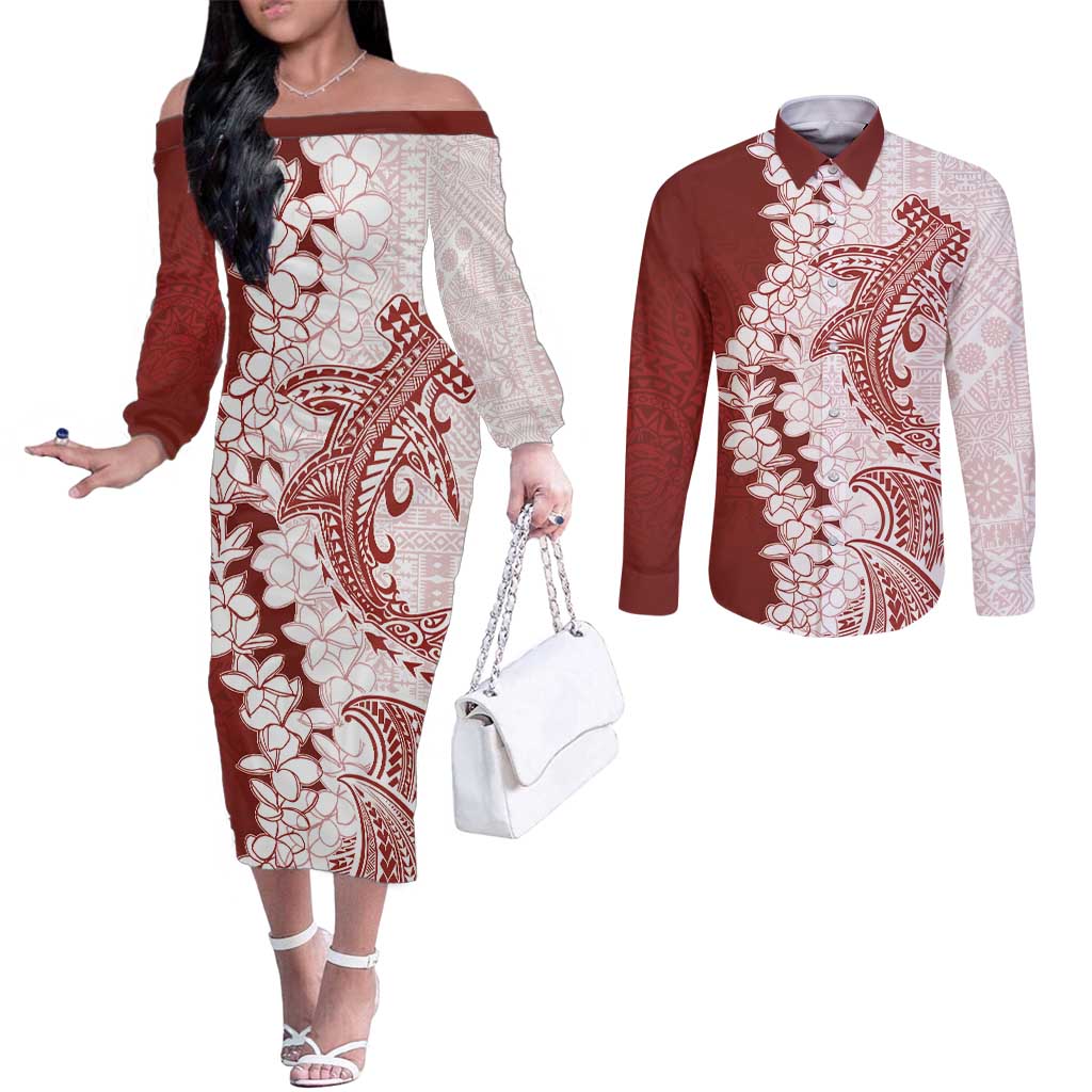 Polynesian Crimson Plumeria Lei Couples Matching Off The Shoulder Long Sleeve Dress and Long Sleeve Button Shirt with Hammerhead Shark LT7 Red - Polynesian Pride