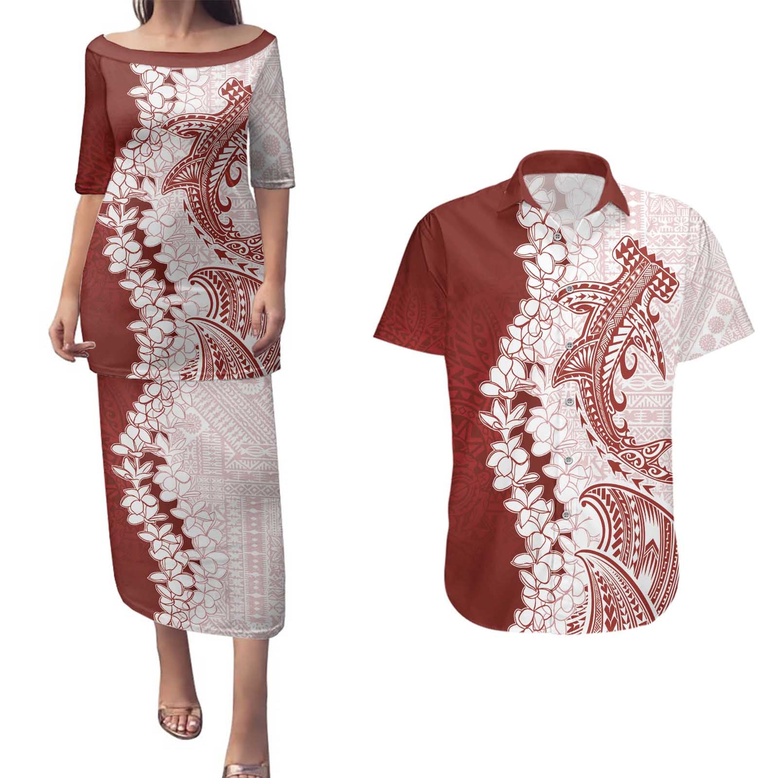 Polynesian Crimson Plumeria Lei Couples Matching Puletasi and Hawaiian Shirt with Hammerhead Shark LT7 Red - Polynesian Pride
