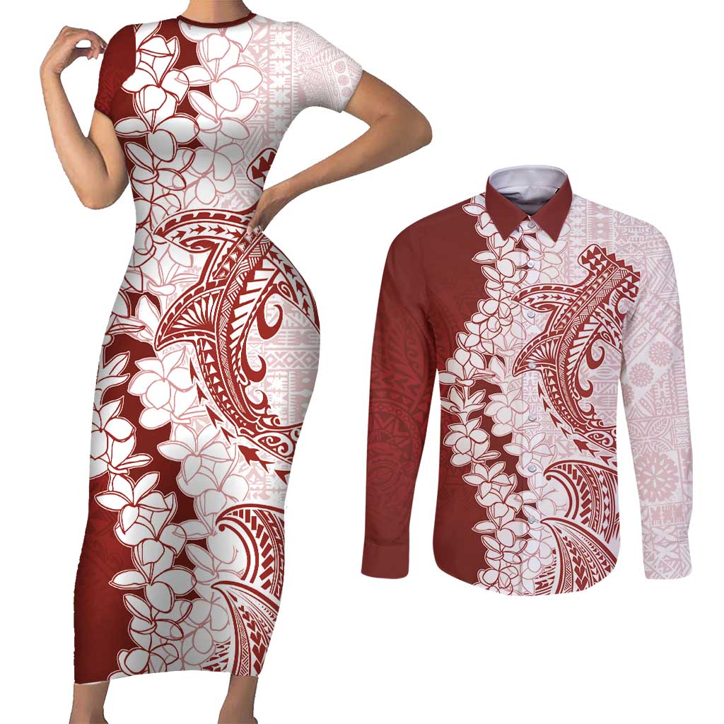 Polynesian Crimson Plumeria Lei Couples Matching Short Sleeve Bodycon Dress and Long Sleeve Button Shirt with Hammerhead Shark LT7 Red - Polynesian Pride