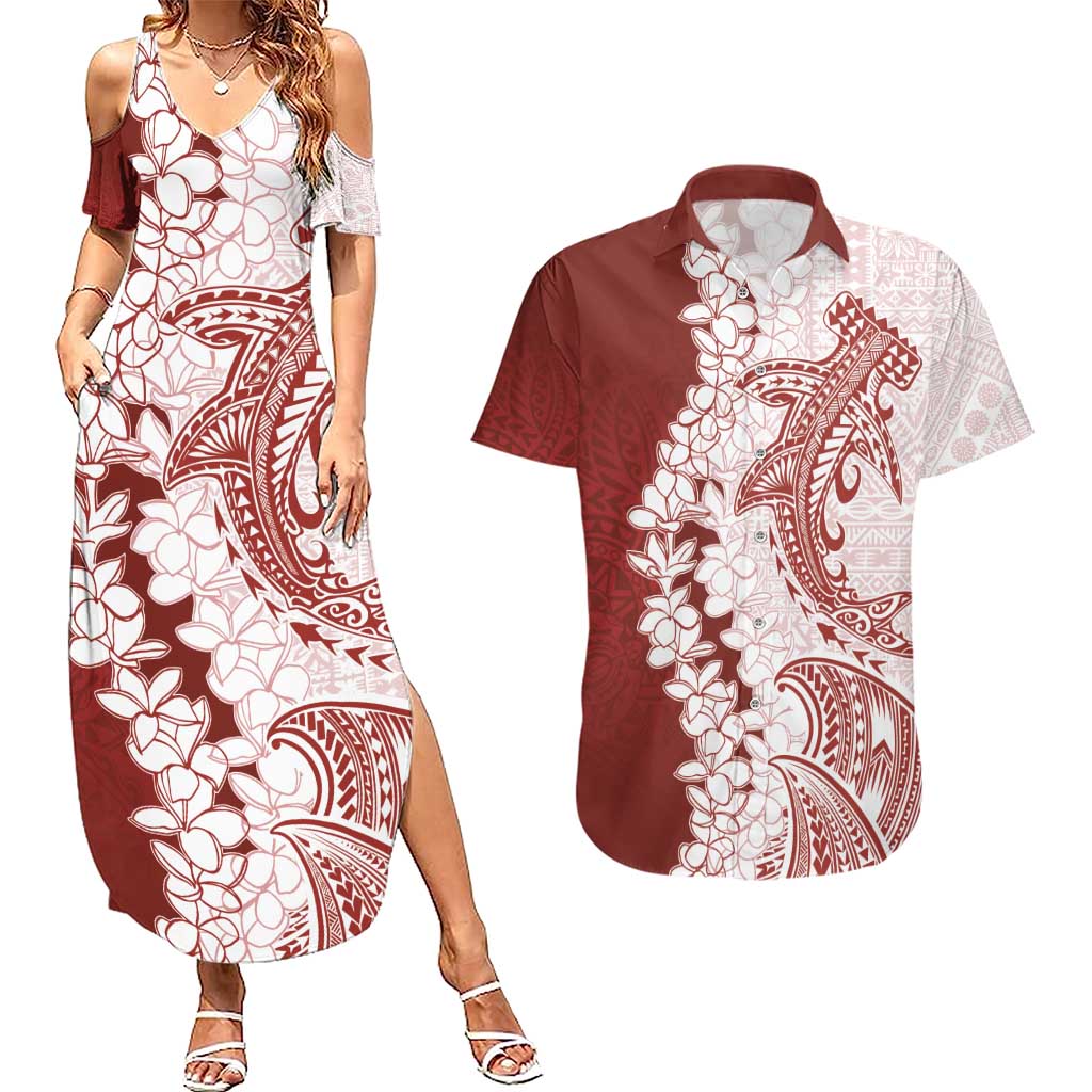Polynesian Crimson Plumeria Lei Couples Matching Summer Maxi Dress and Hawaiian Shirt with Hammerhead Shark LT7 Red - Polynesian Pride