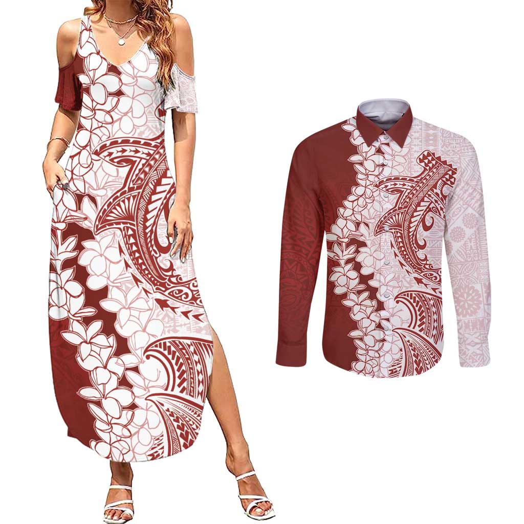 Polynesian Crimson Plumeria Lei Couples Matching Summer Maxi Dress and Long Sleeve Button Shirt with Hammerhead Shark LT7 Red - Polynesian Pride