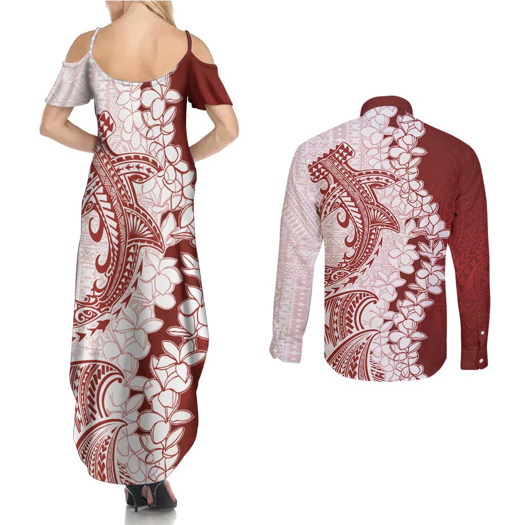 Polynesian Crimson Plumeria Lei Couples Matching Summer Maxi Dress and Long Sleeve Button Shirt with Hammerhead Shark LT7 - Polynesian Pride