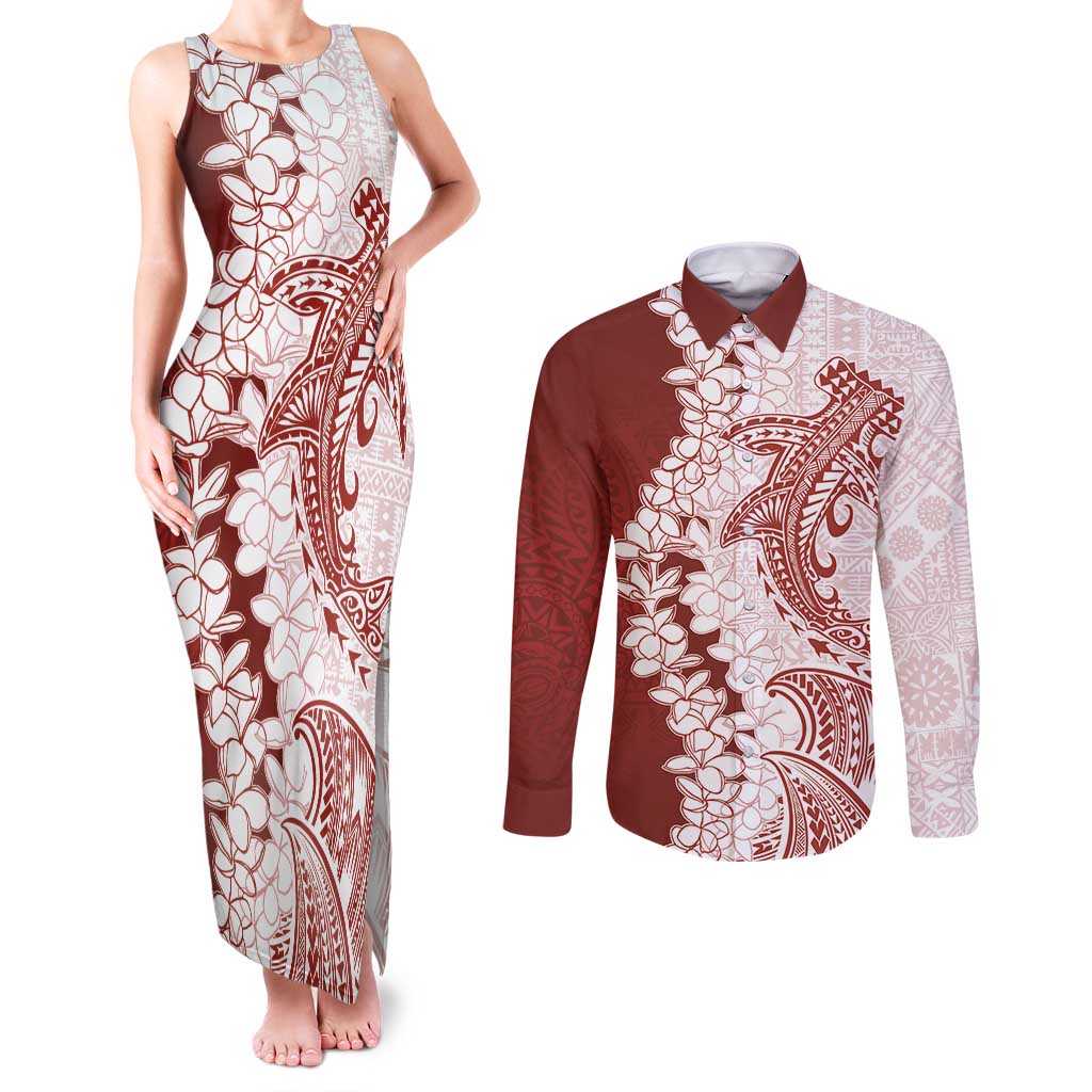 Polynesian Crimson Plumeria Lei Couples Matching Tank Maxi Dress and Long Sleeve Button Shirt with Hammerhead Shark LT7 Red - Polynesian Pride