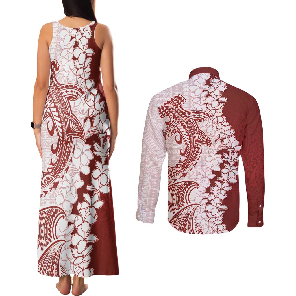 Polynesian Crimson Plumeria Lei Couples Matching Tank Maxi Dress and Long Sleeve Button Shirt with Hammerhead Shark