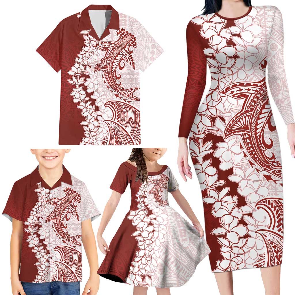 Polynesian Crimson Plumeria Lei Family Matching Long Sleeve Bodycon Dress and Hawaiian Shirt with Hammerhead Shark