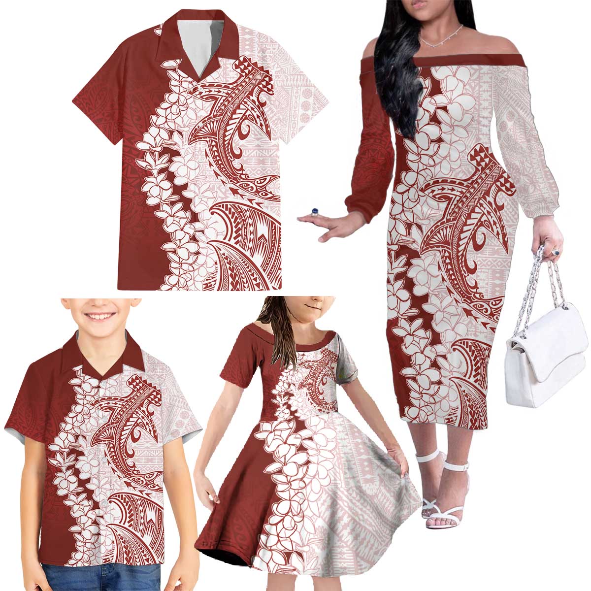 Polynesian Crimson Plumeria Lei Family Matching Off The Shoulder Long Sleeve Dress and Hawaiian Shirt with Hammerhead Shark