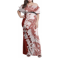 Polynesian Crimson Plumeria Lei Family Matching Off Shoulder Maxi Dress and Hawaiian Shirt with Hammerhead Shark