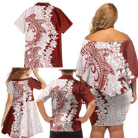 Polynesian Crimson Plumeria Lei Family Matching Off Shoulder Short Dress and Hawaiian Shirt with Hammerhead Shark
