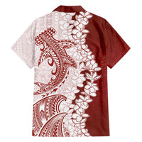 Polynesian Crimson Plumeria Lei Family Matching Off Shoulder Short Dress and Hawaiian Shirt with Hammerhead Shark
