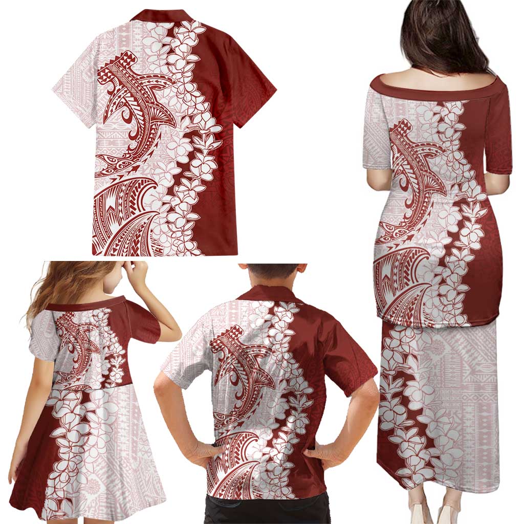 Polynesian Crimson Plumeria Lei Family Matching Puletasi and Hawaiian Shirt with Hammerhead Shark