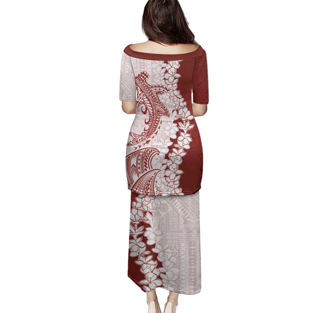 Polynesian Crimson Plumeria Lei Family Matching Puletasi and Hawaiian Shirt with Hammerhead Shark