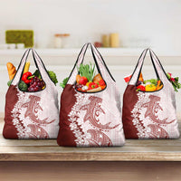 Polynesian Crimson Plumeria Lei Grocery Bag with Hammerhead Shark