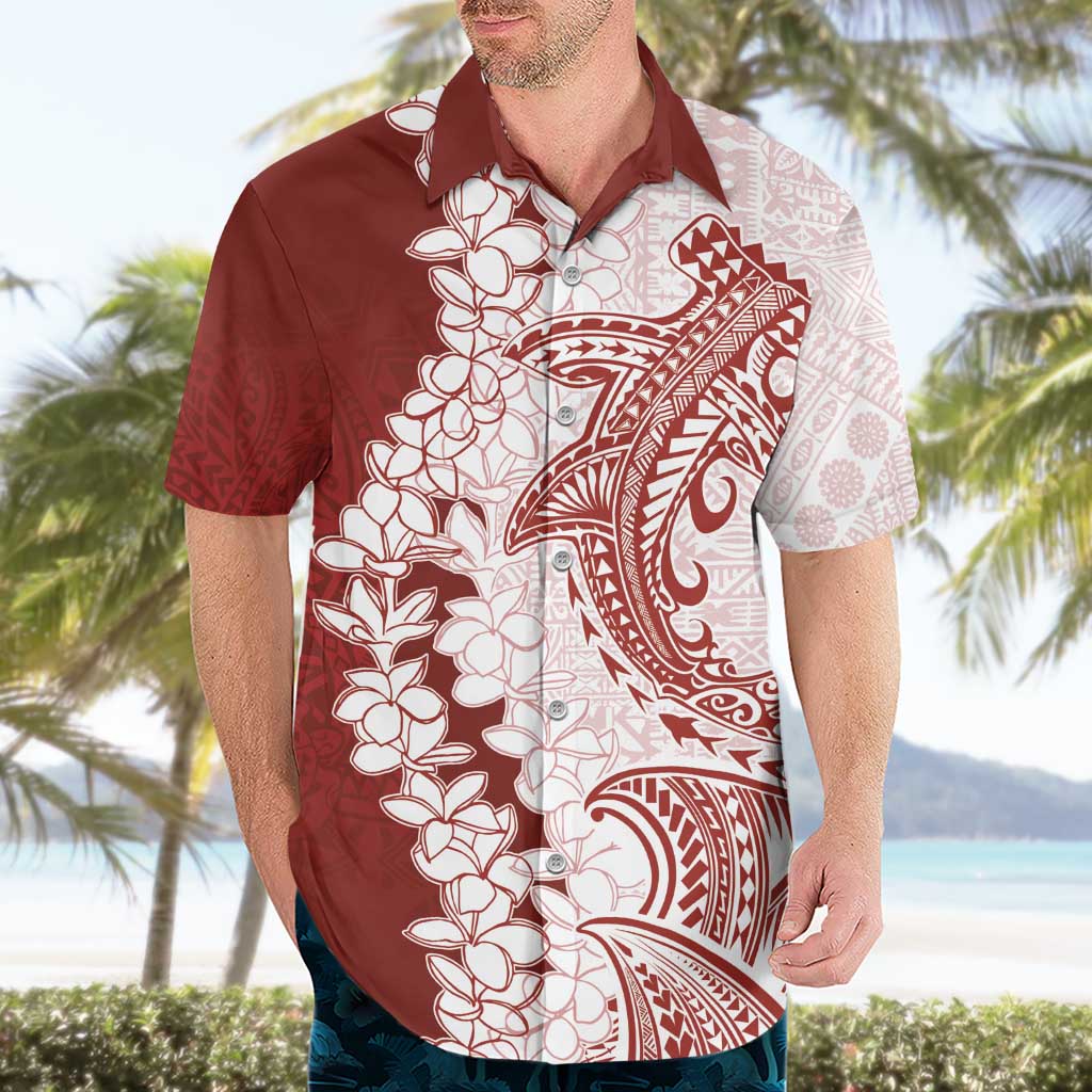 Polynesian Crimson Plumeria Lei Hawaiian Shirt with Hammerhead Shark LT7 - Polynesian Pride