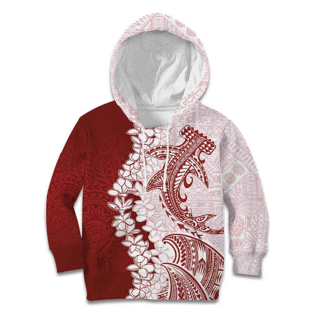 Polynesian Crimson Plumeria Lei Kid Hoodie with Hammerhead Shark