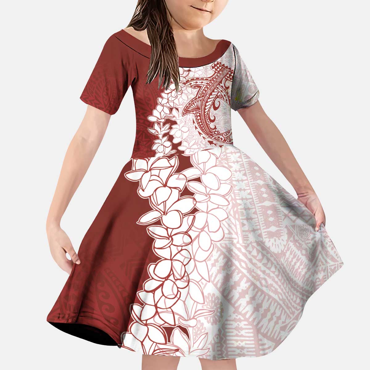 Polynesian Crimson Plumeria Lei Kid Short Sleeve Dress with Hammerhead Shark