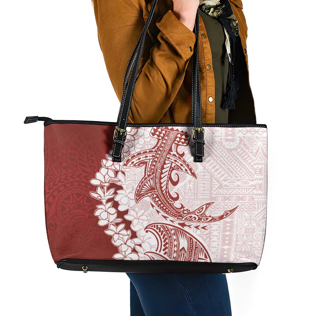 Polynesian Crimson Plumeria Lei Leather Tote Bag with Hammerhead Shark LT7 - Polynesian Pride