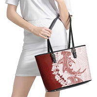 Polynesian Crimson Plumeria Lei Leather Tote Bag with Hammerhead Shark LT7 - Polynesian Pride
