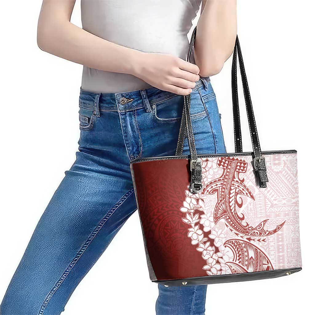 Polynesian Crimson Plumeria Lei Leather Tote Bag with Hammerhead Shark LT7 - Polynesian Pride