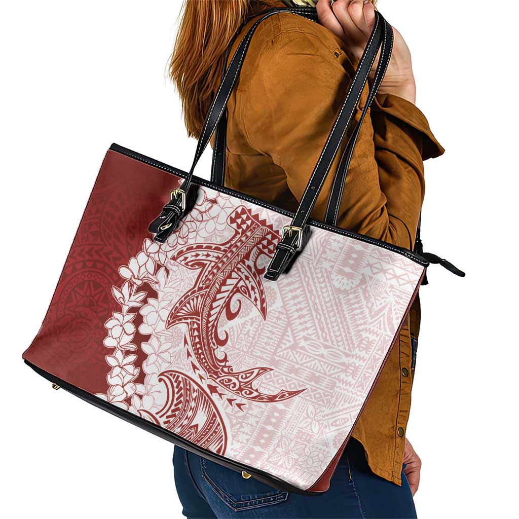 Polynesian Crimson Plumeria Lei Leather Tote Bag with Hammerhead Shark LT7 - Polynesian Pride