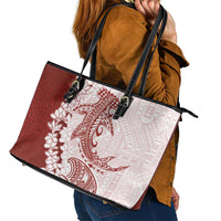 Polynesian Crimson Plumeria Lei Leather Tote Bag with Hammerhead Shark LT7 - Polynesian Pride